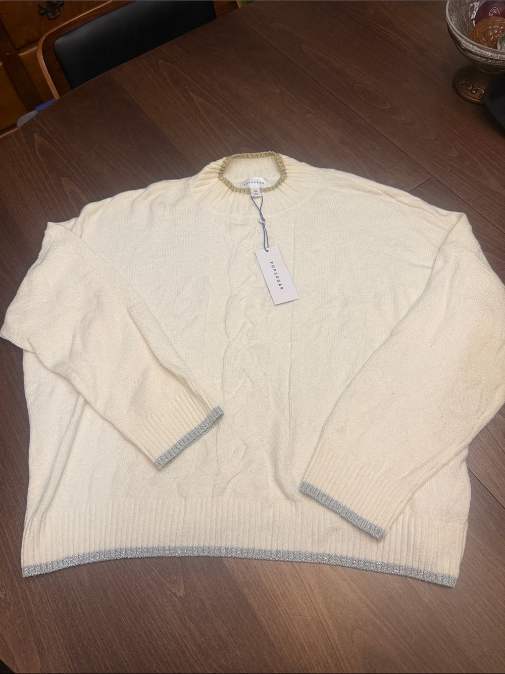Pop Sugar Off-White Cable Crewneck Sweater with Gray Trim